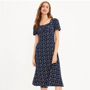 LOFT Navy Floral Cinched Midi Dress Size 2
